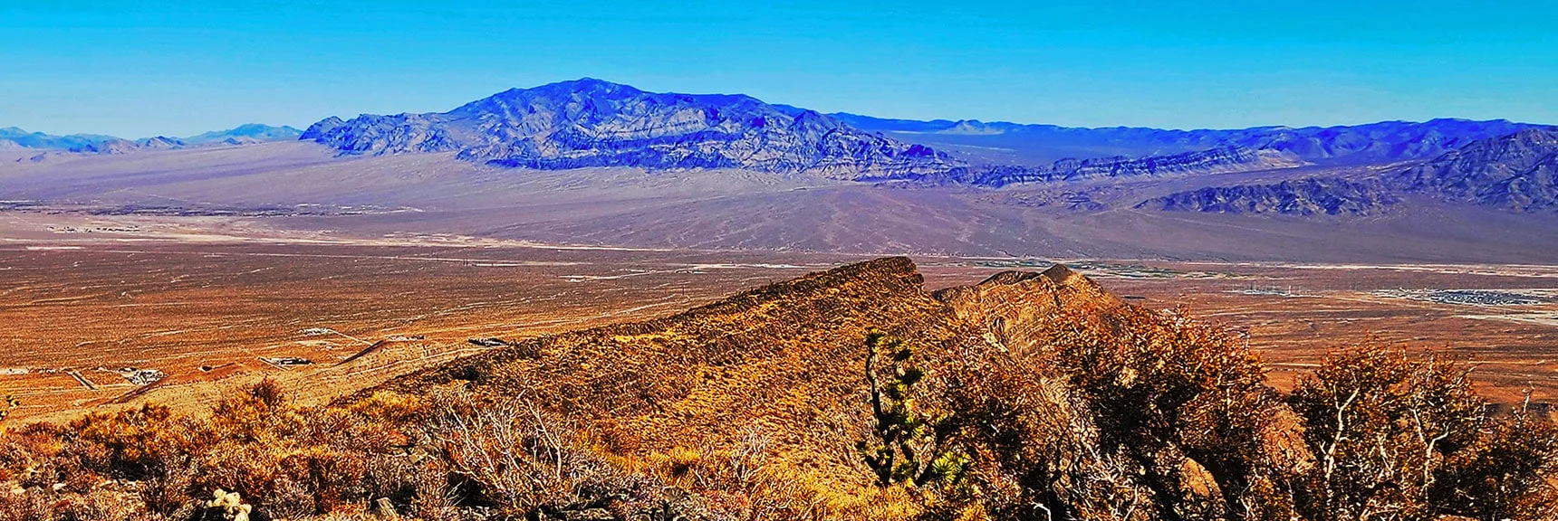 Sheep Range (Left) Fossil Ridge (Right). Spectacular Yucca Valley Beyond Fossil Ridge | Harris Springs Canyon Ridgeline | La Madre Mountains Wilderness, Nevada