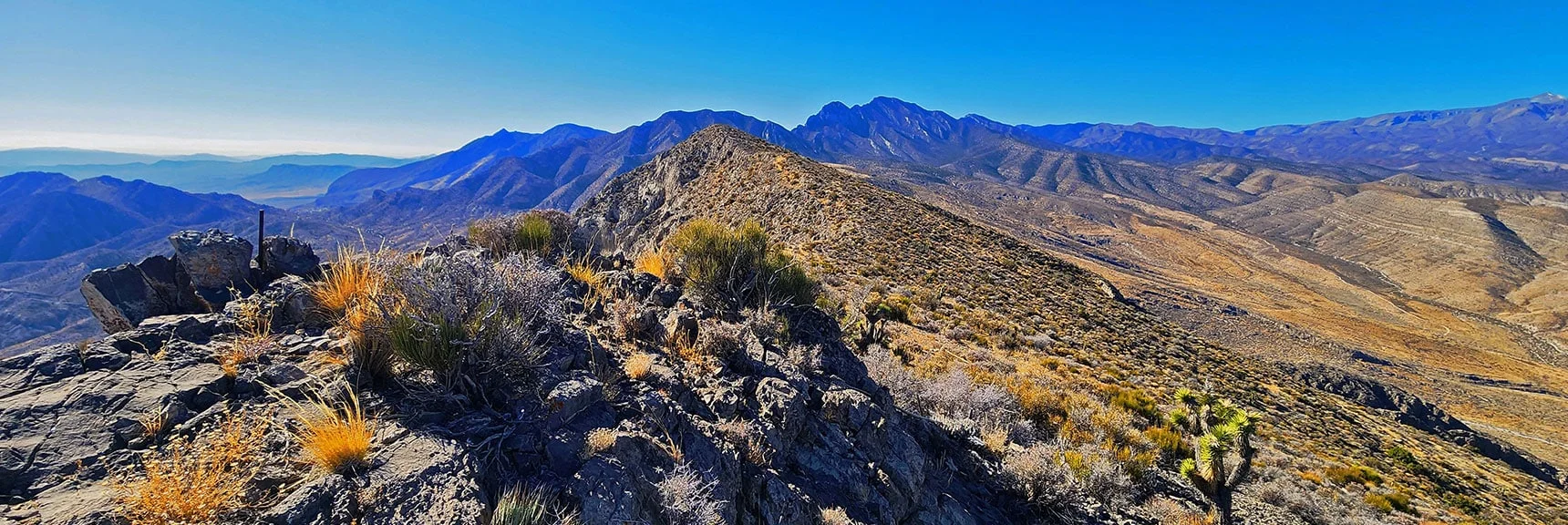 View Across Ridgeline Saddle from North to South Summit. Saddle Between. | Harris Springs Canyon Ridgeline | La Madre Mountains Wilderness, Nevada