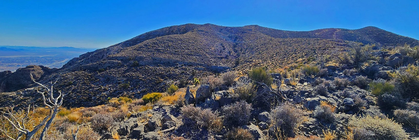 Note the Upper Ridgeline Ahead. True Summit (Peak 6080) to the Right. | Harris Springs Canyon Ridgeline | La Madre Mountains Wilderness, Nevada