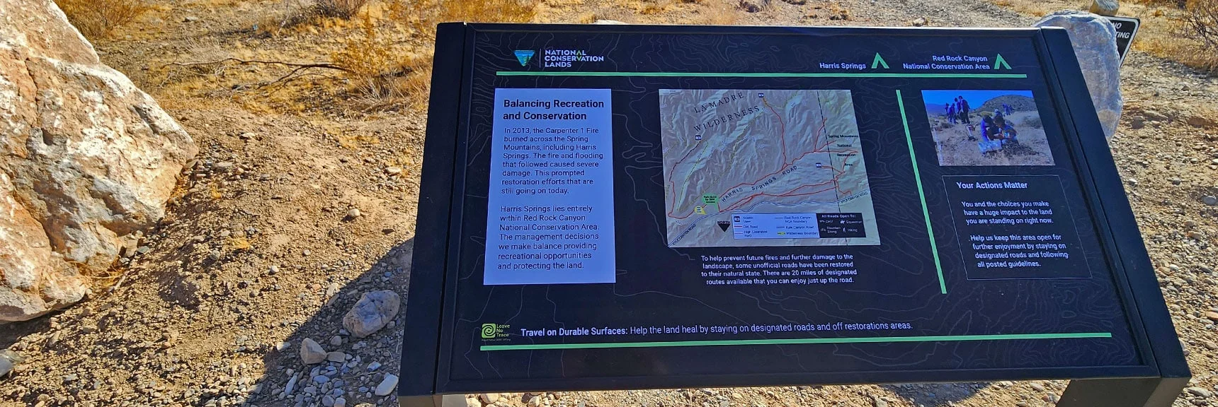 Trailhead Display: 2013 Carpenter Fire Damage and Recovery | Harris Springs Canyon Ridgeline | La Madre Mountains Wilderness, Nevada