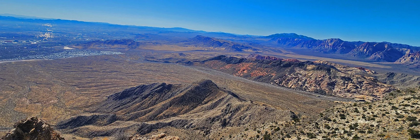 Gray Cap Ridgeline. Blue Diamond Hill, Potosi Mt. & Rainbow Mts. Background | Damsel Peak Southeastern Pinnacle Loop | La Madre Mountains Wilderness, Nevada