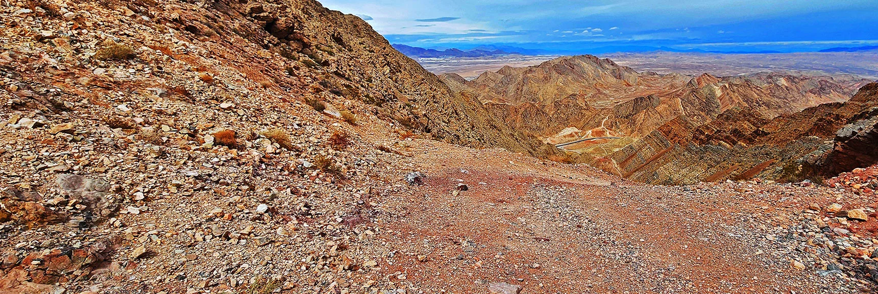 Reascended to Saddle and Main Trail. Lake Mead Blvd. & Sunrise Mt. Below. | Frenchman Mt East Approach Loop | Near Lake Mead National Recreation Area, Nevada