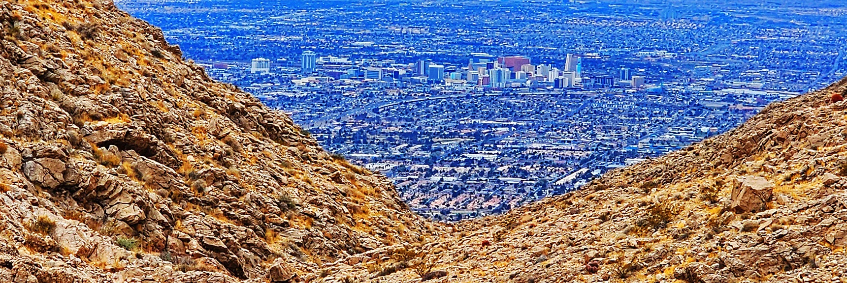 Marketplace Area Framed West of Saddle. Explored Descent Option Here. | Frenchman Mt East Approach Loop | Near Lake Mead National Recreation Area, Nevada