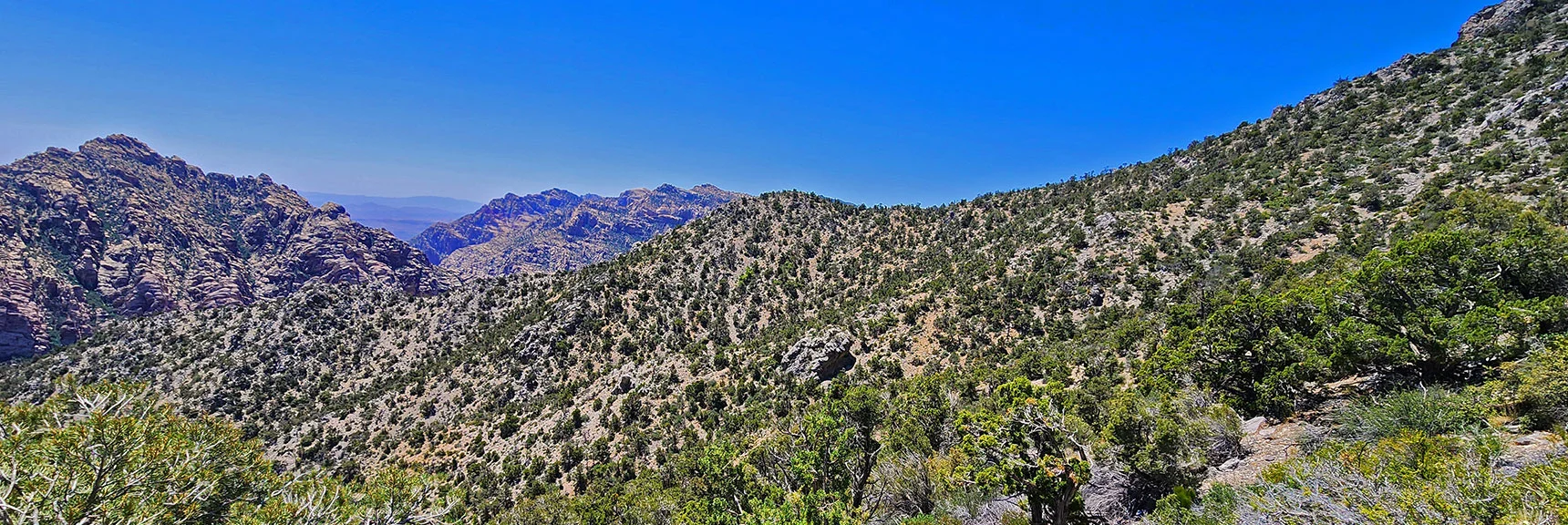 Willow Spring Return Corridor Seen Beyond Approach Ridgeline. | La Madre Springs West Ridge Loop | La Madre Mountains Wilderness, Nevada