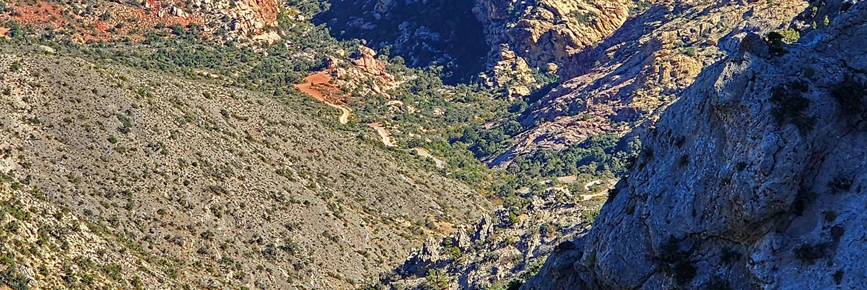 View Down Access Channel to Rocky Gap Road Below. | Switchback Spring Loops Intro | La Madre Mountains Wilderness, Nevada