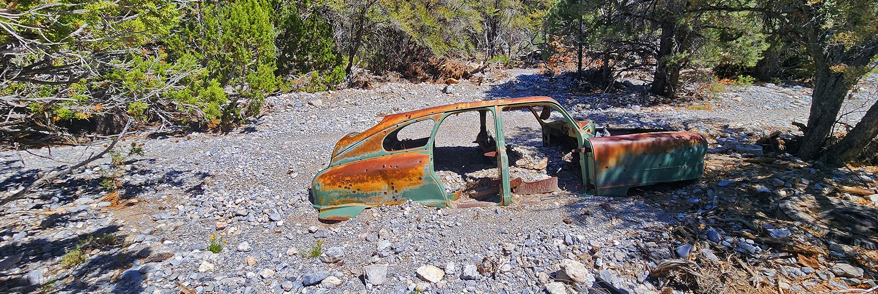 Beyond Narrows, Discover a Classic Vintage Car (1940's?) Mired in Canyon Wash. | Blue Tree Loop | Sawmill Trailhead | Lee Canyon, Nevada
