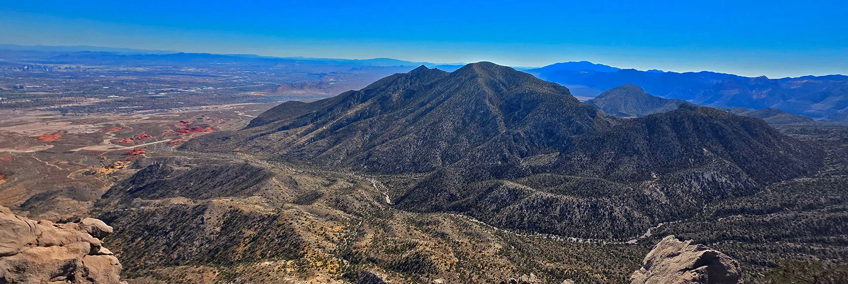 Damsel & Gateway Peaks from East La Madre Peak's Long summit Block | East La Madre Peak | La Madre Mountains Wilderness, Nevada