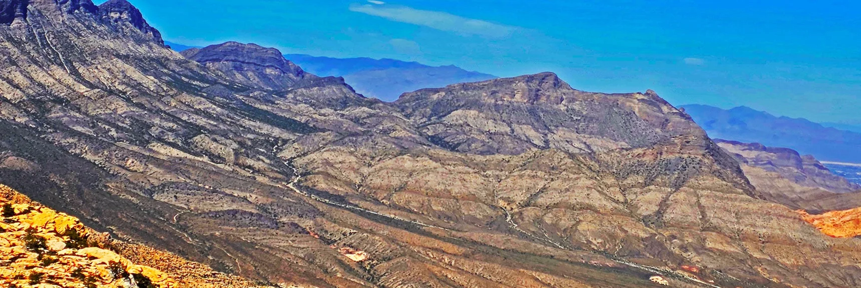 Blue Diamond Hill (R), Red Rock Canyon (Middle), Indecision Peak (L). | Monument Peak Summit | Rainbow Mountain Wilderness, Nevada
