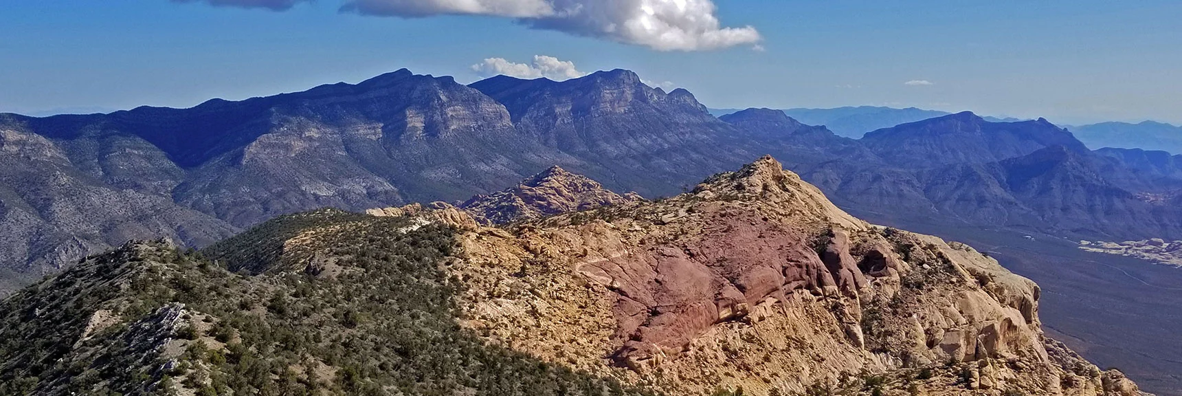 Blue Diamond Hill (R), Red Rock Canyon (Middle), Indecision Peak (L). | Monument Peak Summit | Rainbow Mountain Wilderness, Nevada