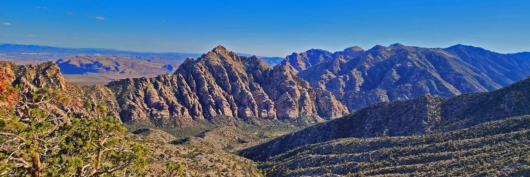 Blue Diamond Hill (R), Red Rock Canyon (Middle), Indecision Peak (L). | Monument Peak Summit | Rainbow Mountain Wilderness, Nevada
